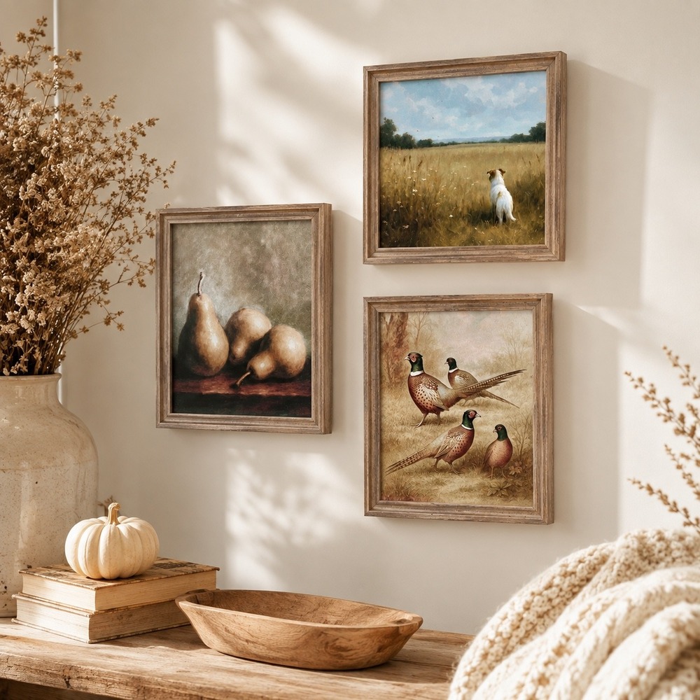 Horizon Group USA Farmhouse Framed Art Set 3 Pears Dog Pheasants Rustic Decor